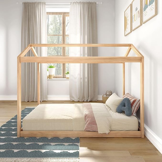 Max & Lily Twin Floor House Bed, Modern Solid Wood Low Bed Frame for Kids, Montessori Floor Bed for Bedroom, Playroom, Wooden Slats, Blonde