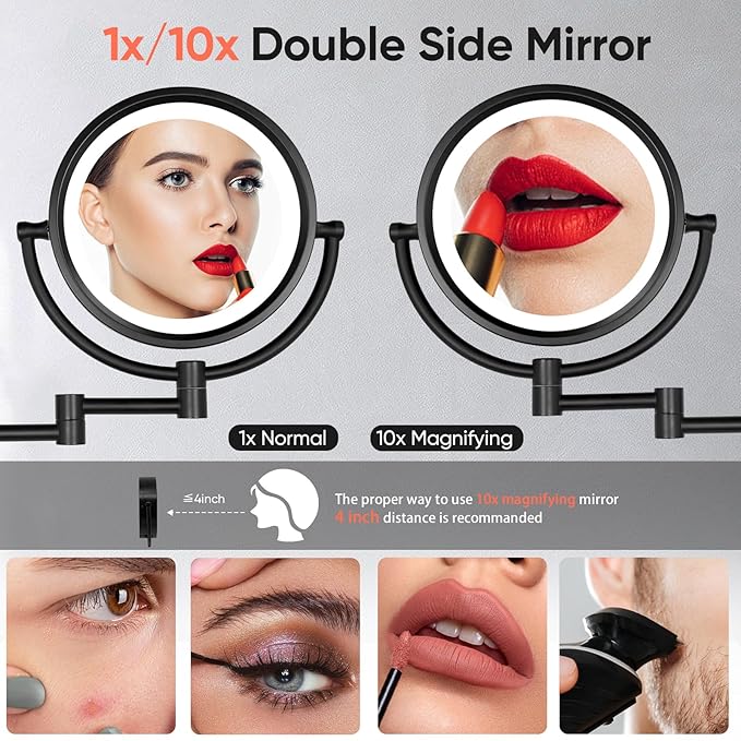 GURUN 8.5 Inch Magnifying Makeup Mirror with 3 Dimmable LED Lights Double Sided Touch Control Vanity Mirror for Bathroom with 10X Magnification Black Finish M1809D(Black/10X)