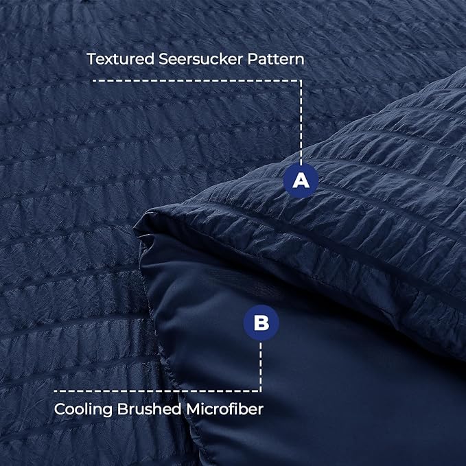 HYMOKEGE Navy Blue Oversized Queen Comforter Set Seersucker 7 Pieces, All Season Luxury Bed in a Bag for Bedroom, Bedding Set with Comforter, Sheets, Pillowcases & Shams