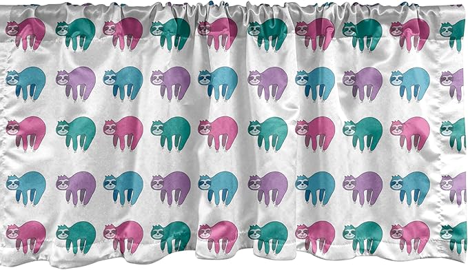 Ambesonne Funny Sloth Window Valance Pack of 2, Colorful Art Repeating Lazy Animal on Plain Backdrop, Rod Pocket Curtain Valances for Kitchen Bedroom, 42" X 12", Dark Seafoam Pink