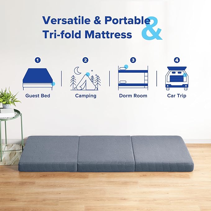 Olee Sleep Tri-Folding Memory Foam Mattress Topper, 4 Inch Gel Folding Mattress for Camping, Foldable Guest Bed, Washable Cover, CertiPUR-US Certified, Soft, Grey, Single Size