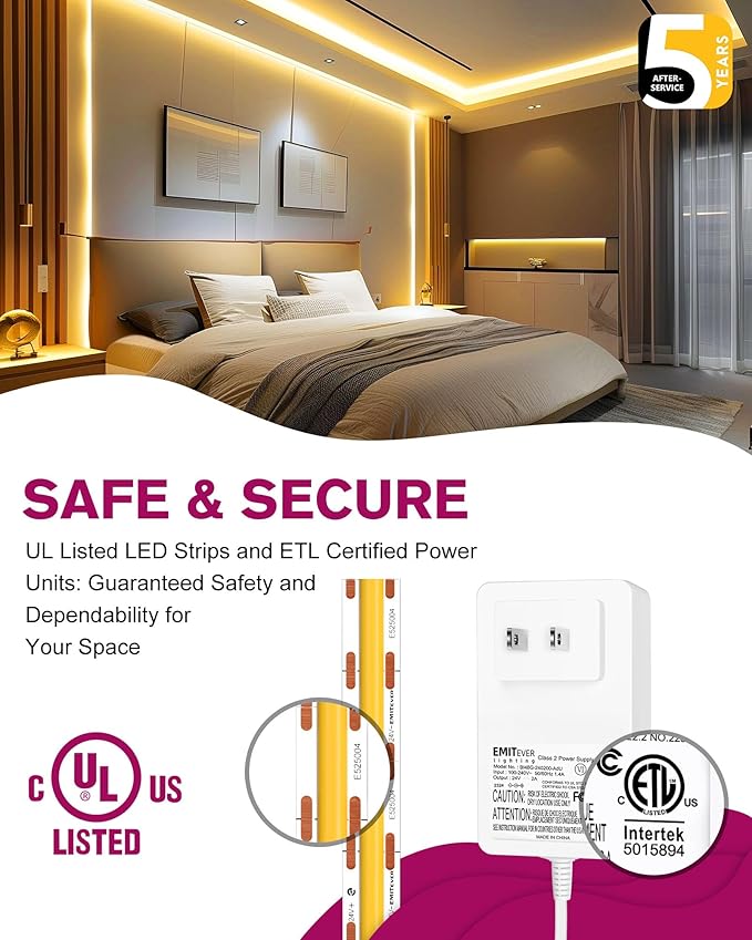 EMITEVER COB LED Strip Lights Kit Warm White with Remote & 24V Power Supply,16.4ft Dimmable Tape Light 3000K, High Density 2400LEDs, 305+LM/FT, CRI90+, Suitable for Bedroom Kitchen Cabinet Lighting
