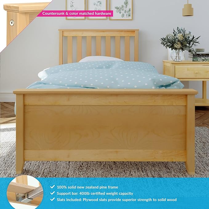 Max & Lily Twin Bed Frame with Slatted Headboard, Solid Wood Platform Bed for Kids, No Box Spring Needed, Easy Assembly, Natural