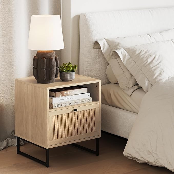 Nathan James Mina Rattan Wood End Side Accent Table Nightstand with Storage for Living Room or Bedroom, 1, Oak/Black