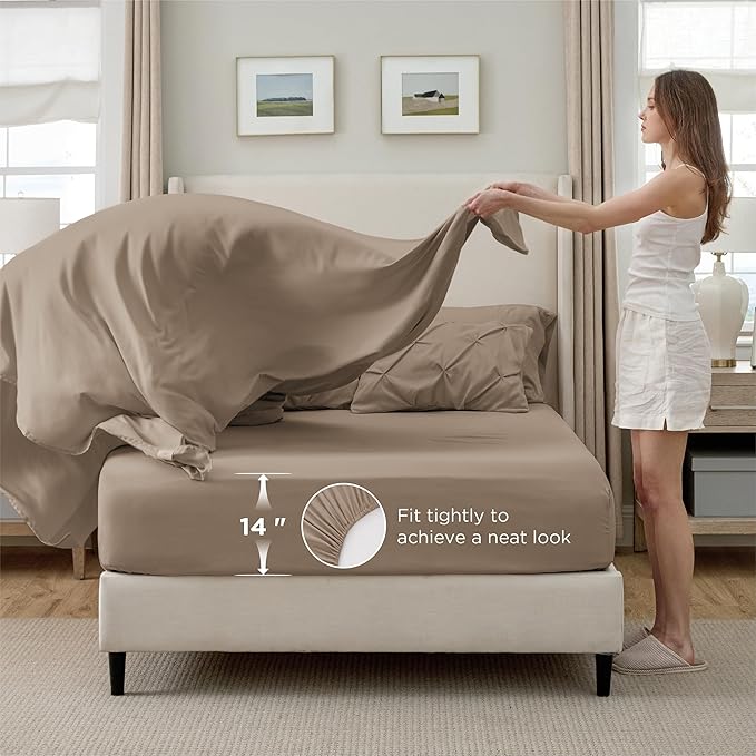 Bedsure Full Size Comforter Sets - Bedding Sets Full 7 Pieces, Pintuck Bed in a Bag Khaki Bed Set with Comforter, Sheets, Pillowcases & Shams