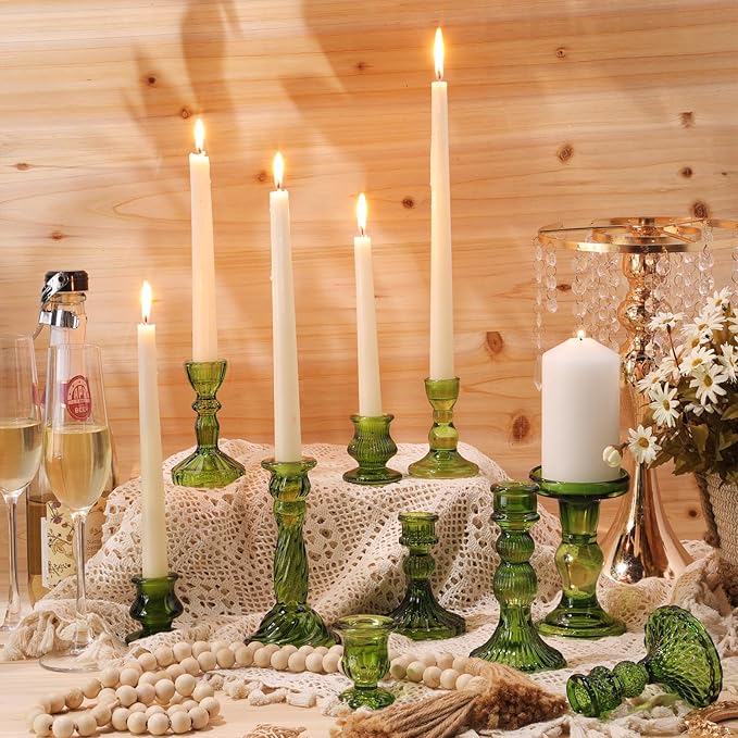 Mumufy 10 Pcs Glass Crystal Taper Candle Holders Clear Glass Candlestick Holder Fit 0.8 Inch Candles Crystal Decorative Candle Stand Centerpiece Table Wedding Dining Party (Classic,Green)