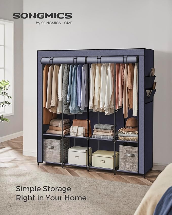 SONGMICS Portable Closet, Wardrobe Closet Organizer with Cover, 4 Hanging Rods and Shelves, 4 Side Pockets, 66.9 x 17.7 x 65.7 Inches, Large Capacity for Bedroom, Living Room, Dark Blue URYG094I02