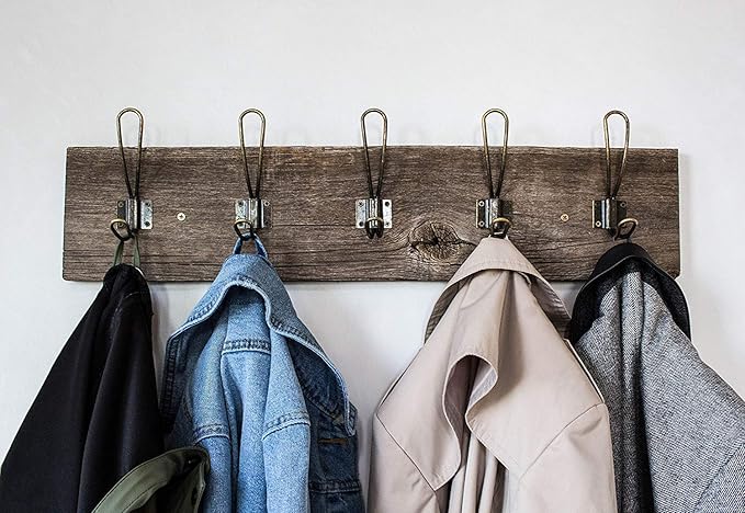 Rustic Coat Hooks Wall Mounted - 10 Pack of Vintage Double Coat Hangers with Large Metal Screws Included - Hard Antique Industrial Heavy Duty Hook Set - Best for Farmhouse Shabby Chic Hanging Look
