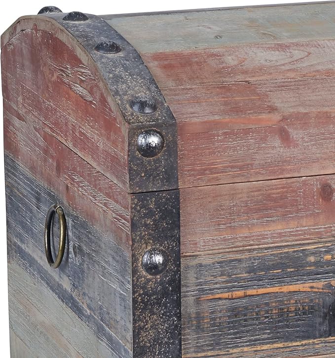 Household Essentials Small Wooden Storage Trunk, Weathered Wood with Paint Finish, Hinged Lid with Metal Accents