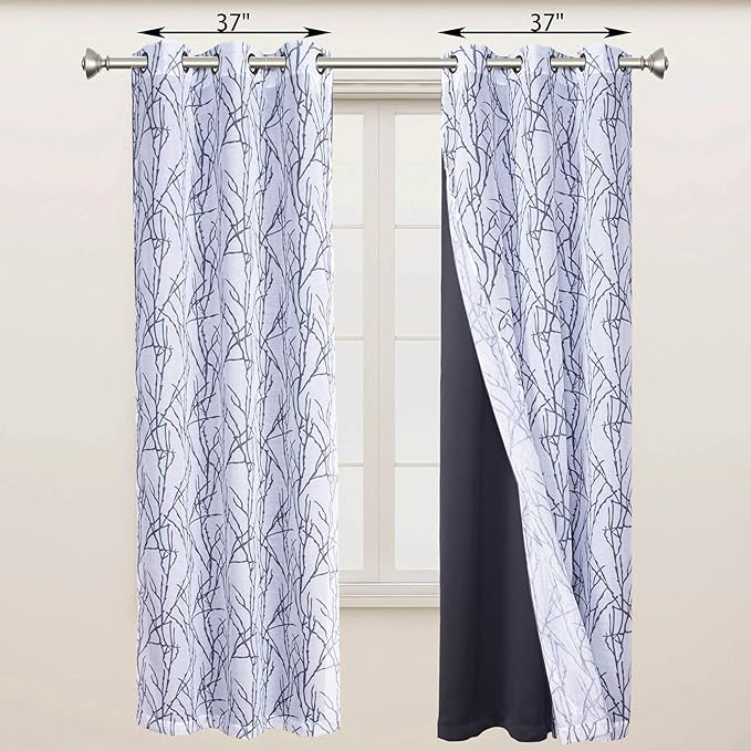 BONZER Mix and Match Curtains - 2 Pieces Branch Print Sheer Curtains and 2 Pieces Blackout Curtains for Bedroom Living Room Grommet Window Drapes, 37x84 Inch/Panel, Grey Dark, Set of 4 Panels