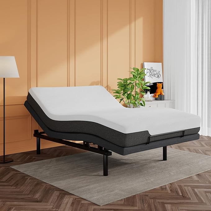 SHA CERLIN Queen Size Ergonomic Adjustable Bed Base, Upholstered Bed Frame with Upholstered Motor, Motorized Head and Foot Incline, Wireless Remote Control, Assembly Required, Bed Base Only