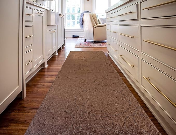 Custom Size Modern Geometric Pattern Carpet Runner Rug for Hallways, Slip Resistant Latex Rubber Backed, 31 inch Wide X Customized Length, Circles Brown, 31 inch X 33 feet