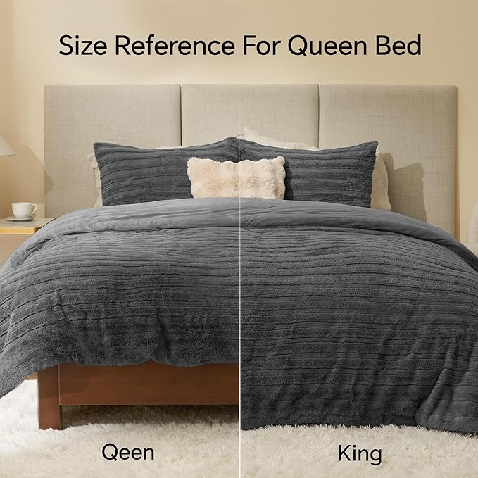 BEDELITE Fleece Queen Comforter Set -Super Soft & Warm Fluffy Grey Faux Fur Bedding, Luxury Fuzzy Heavy Bed Set for Winter with 2 Pillow Cases