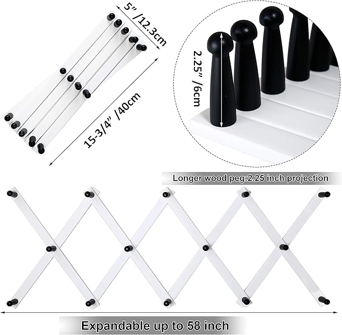 WEBI Accordion Wall Hanger,Expandable Wooden Hat Rack for Wall Mounted Coat Rack,Accordion Hat Hooks Holder for Baseball Caps,14 Peg,Black on White,2 Packs