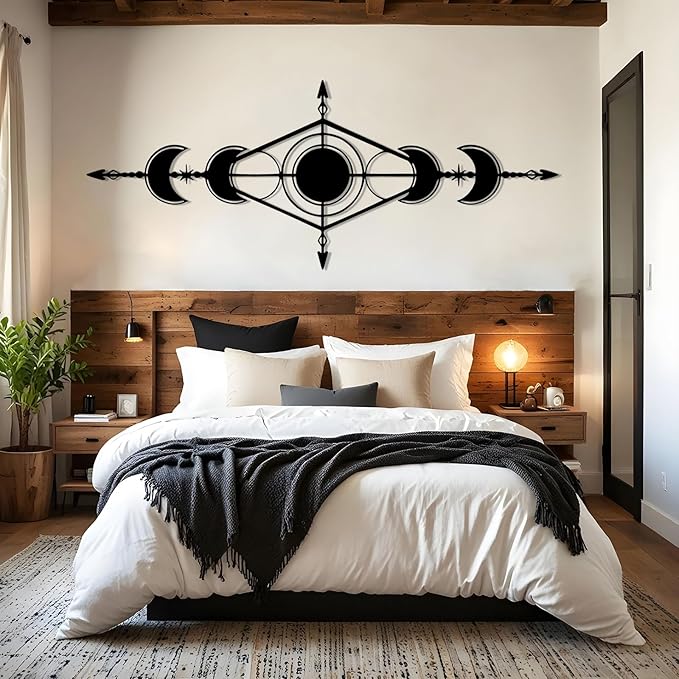 Hfrolixit Moon Phase Metal Wall Decor, Boho Moon Metal Wall Art, Celestial Wall Decor, Scandinavian Natural Wall Art, Astrology Wall Hanging (White, 53"x21"/135x54cm)