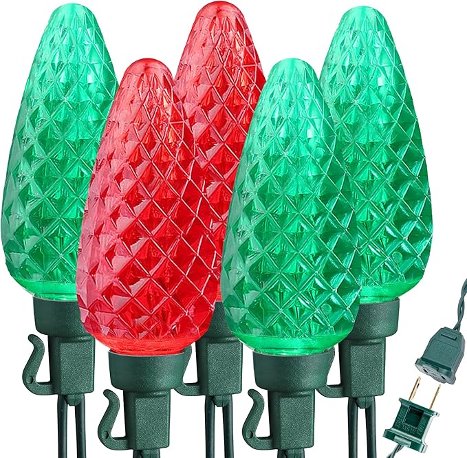 Brizled C9 Christmas Lights, 16ft 25 LED Faceted C9 Christmas Lights, Connectable Indoor Outdoor Xmas String Lights, 120V UL Certified for Tree Backyard Garden Porch Party & Holiday Decor, Red & Green