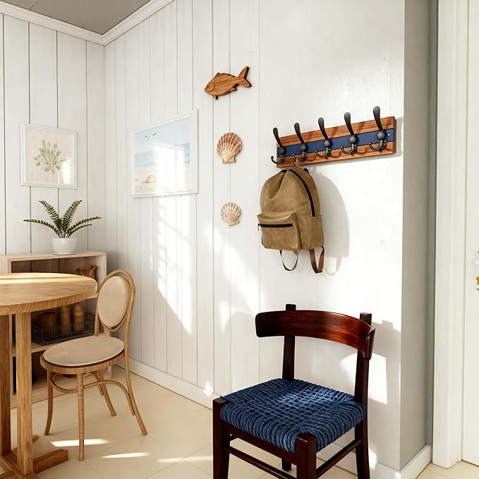 SKOLOO Rustic Wall Mounted Coat Rack - 17" Long Coat Hooks for Wall with 5 Triple Hooks for Hanging Coats, Hats or Tools, Western National Parks Collection, Wood Brown & Blue, Pack of 2