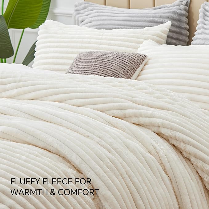 BEDELITE Fleece Full Comforter Set -Super Soft & Warm Fluffy Cream White Bedding, Luxury Fuzzy Heavy Bed Set for Winter with 2 Pillow Cases