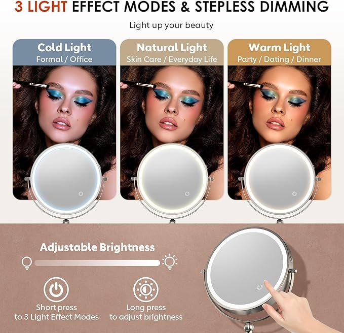 9" Wall Mounted Lighted Makeup Mirror,4000mAh Rechargeable Double Sided 1X/30X Magnifying Mirror with Light,Touch Dimmable,Extended Arm 360 Rotation Wall Mounted Makeup Mirror 3 Color Lights-N