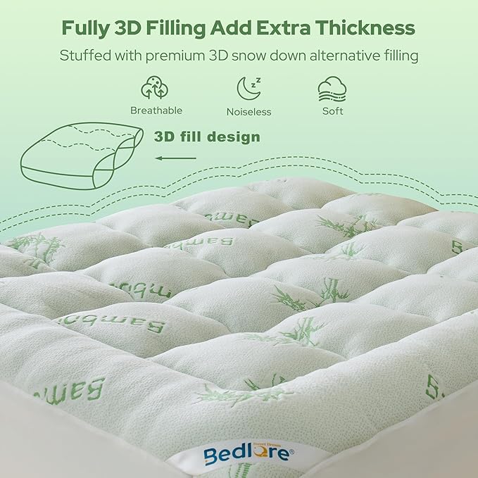 BEDLORE Twin XL Mattress Topper Viscose Derived from Bamboo, Thick Pillow Top Mattress Pad with Deep Pockets for 6-15 inches Mattress, Soft Mattress Topper College Dorm Size for Back Pain
