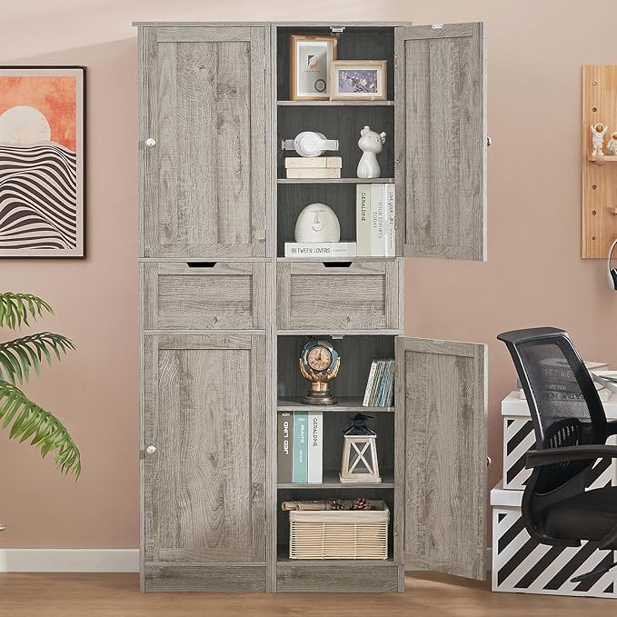 Iwell 67" Tall Bathroom Cabinet with Adjustable Shelves & 1 Drawer, Storage Cabinet with 2 Doors, Narrow Tall Cabinet, Floor Cabinet for Bathroom, Living Room, Home Office, Grey