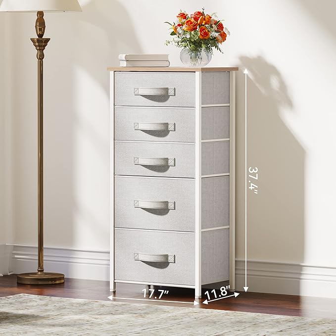 YITAHOME Tall 5 Drawer Dresser - Fabric Storage Tower, Organizer Unit for Bedroom, Living Room, Hallway, Closets - Sturdy Steel Frame, Wooden Top & Easy Pull Fabric Bins - Light Grey