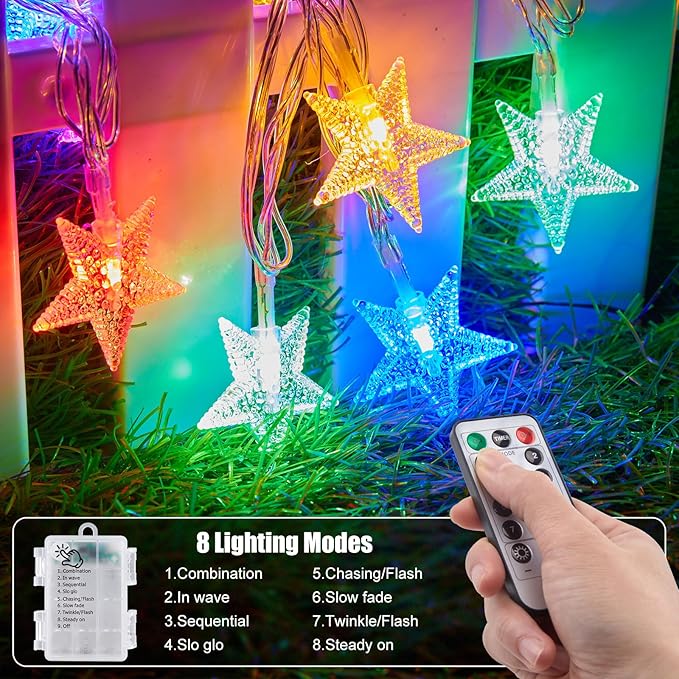 Brightown Star String Lights Battery Operated - 17 ft 50 LED Star Fairy String Lights with Remote and Timer, 8 Modes Waterproof for Bedroom Tent Loft Bed Patio Party Wedding Decor, Multicolor
