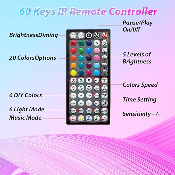 Led Lights for Bedroom 130ft (2 Rolls * 65ft) Music Sync Color Changing Led Strip Lights with 60 Key Remote and App Control RGB Led Light Strip for Home Party Room Decoration