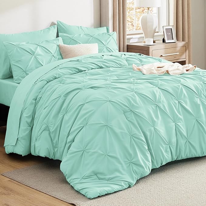 Bedsure Queen Comforter Set Mint Green - Bed in a Bag Queen Size Bedding 7 Pieces, GentleSoft™ Pintuck Bed Set Gift for Family, Pinch Pleat All Season Comforter with Sheets, Pillowcases & Shams