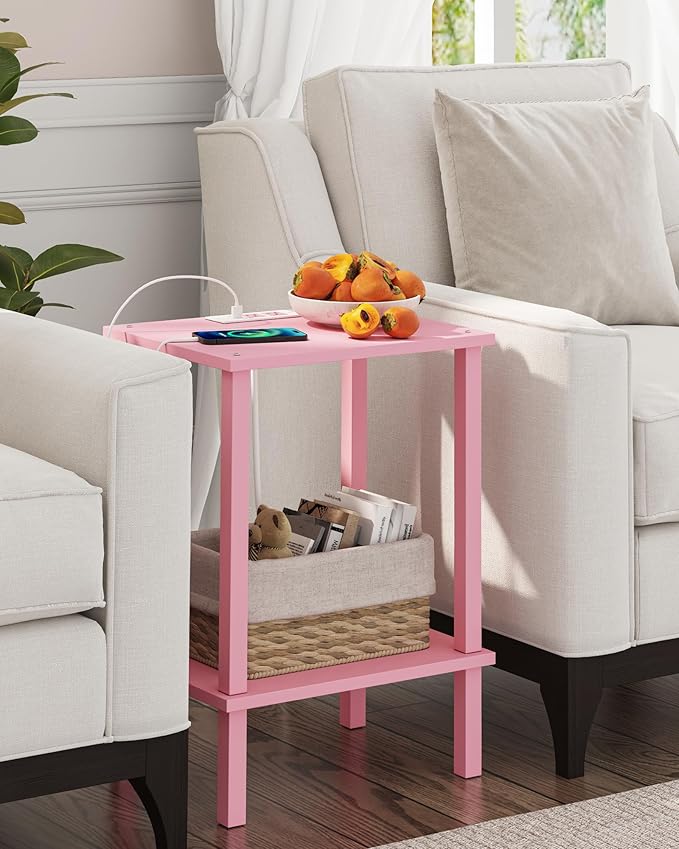 TUTOTAK End Table with Charging Station, Small Side Table with Outlets, Nightstand Bedside Table, 2-Tier Storage Shelf for Small Space, Living Room, Bedroom, Pink TB01BP040