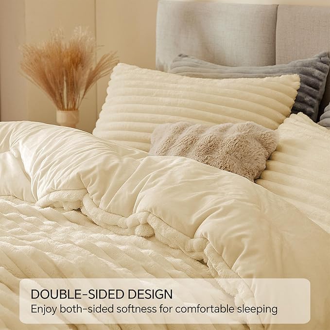 BEDELITE Fleece Twin Comforter Set -Super Soft & Warm Fluffy Beige Bedding, Luxury Fuzzy Heavy Bed Set for Winter with 1 Pillow case