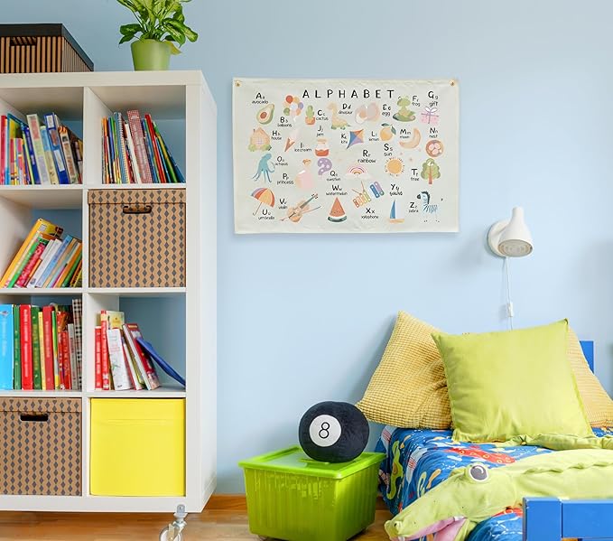 Alphabet ABCD Nursery Rectangular Canvas Banner-Boho Flag Wall Art for Boy Girl Kids,Above Crib Nursery Kindergarten Reading Room Playroom Decor-Baby Growth Stuff-Baby Shower Birthday Christmas Gift