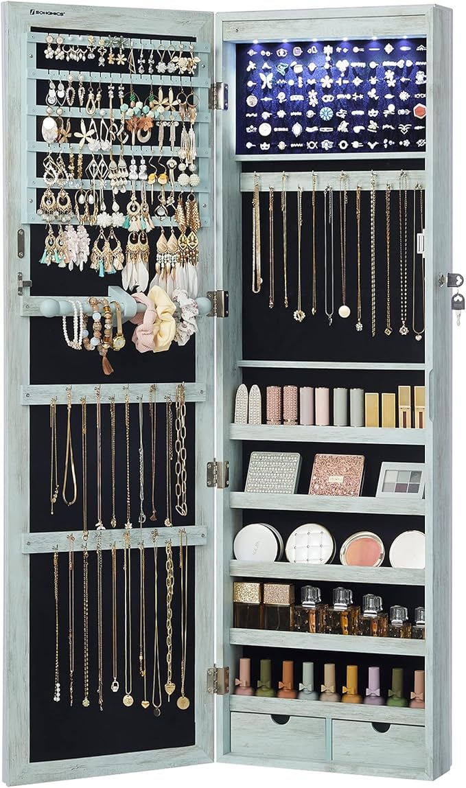 SONGMICS 6 LEDs Mirror Jewelry Cabinet, 47.2-Inch Tall Lockable Wall or Door Mounted Jewelry Armoire Organizer with Mirror, 2 Drawers, Christmas Gift, 3.9 x 14.6 x 47.2 Inches, Rustic Green