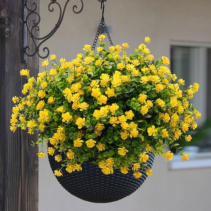 Artificial Fake Flowers Plants for Outdoor, 16 Bundles Faux Eucalyptus Flower UV Resistant Realistic for Planter Front Door Porch Patio Yellow