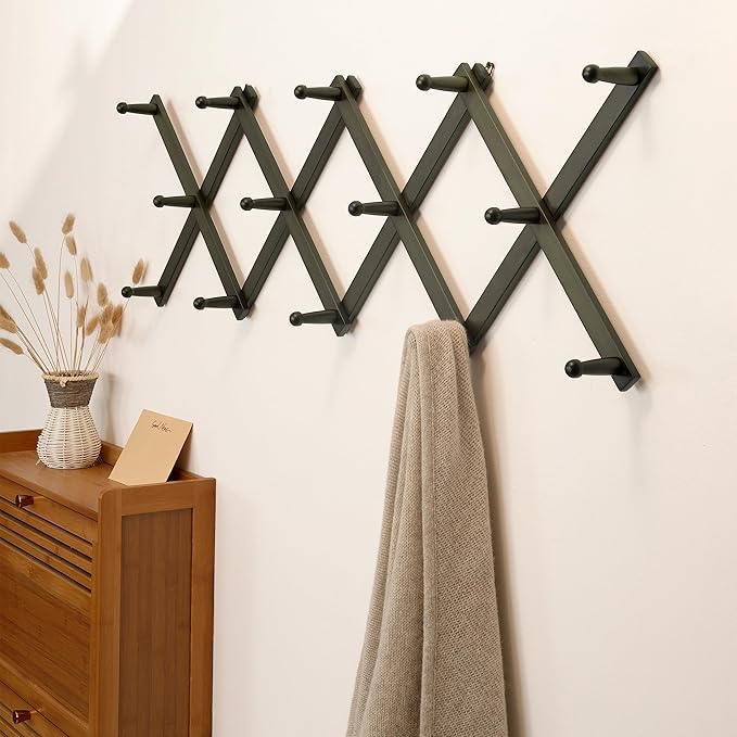 SKOLOO Hat Rack for Wall with 14 Hooks, Pack of 2, Solid Wooden, Modern, Expandable Coat Rack Wall Mount for Coats, Hats, Bags, Baseball Caps, Dark Walnut Color