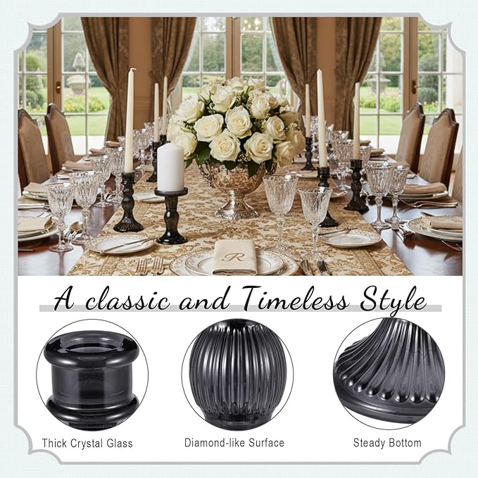 Mumufy 10 Pcs Glass Crystal Taper Candle Holders Clear Glass Candlestick Holder Fit 0.8 Inch Candles Crystal Decorative Candle Stand Centerpiece Table Wedding Dining Party (Classic,Black)