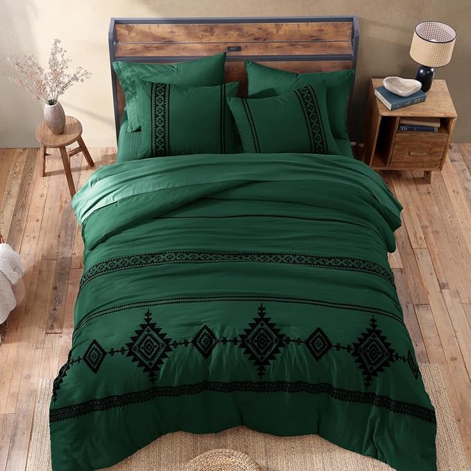 MaiRêve Embroidery Queen Size Comforter Set Emerald Green, Boho Farmhouse Western Bedding Set 7 Pieces, All Season Bed in A Bag Comforter Set with Sheets, Pillowcases & Shams