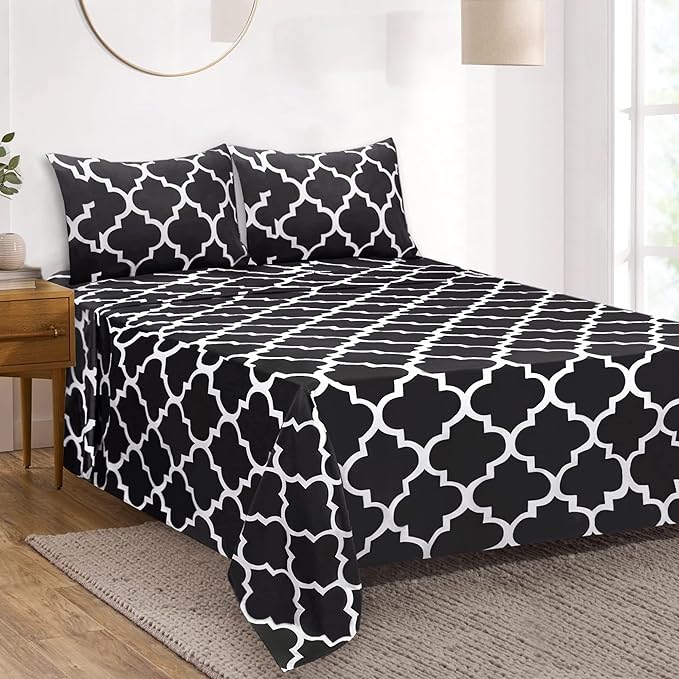Mejoroom King Bed Sheet Set - Super Soft Brushed Microfiber 1800 Thread Count Sheets with 15 inch Deep Pocket - Wrinkle Free - 4 Piece(King, Black Quatrefoil with White Pattern)