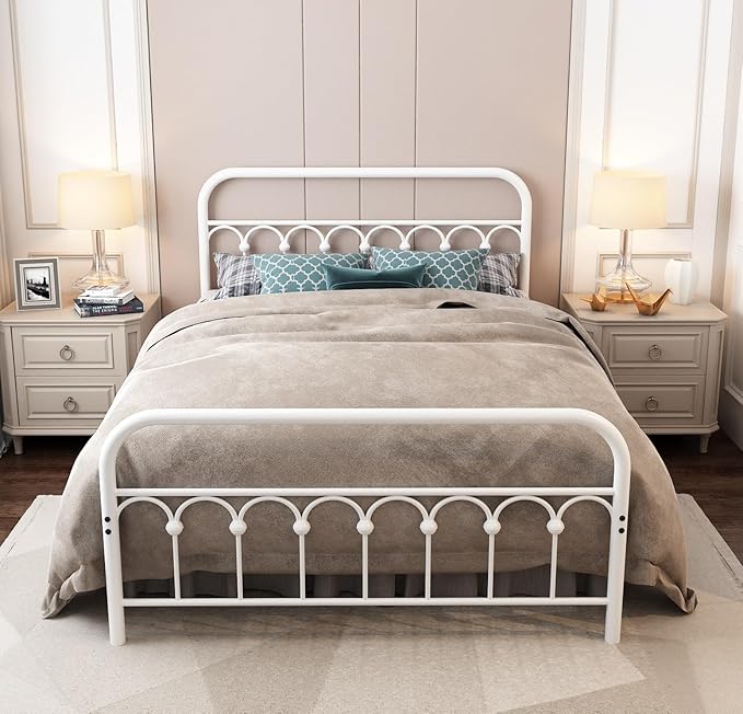 YALAXON Vintage Sturdy Full Size Metal Bed Frame with Headboard and Footboard Basic Bed Frame No Box Spring Needed (Full,White)