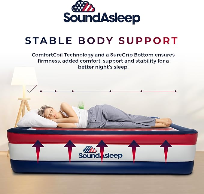 SoundAsleep Dream Series Luxury USA Air Mattress with ComfortCoil Technology & Built-in High Capacity Pump for Home & Camping- Double Height, Adjustable, Inflatable Blow Up, Portable - Queen Size