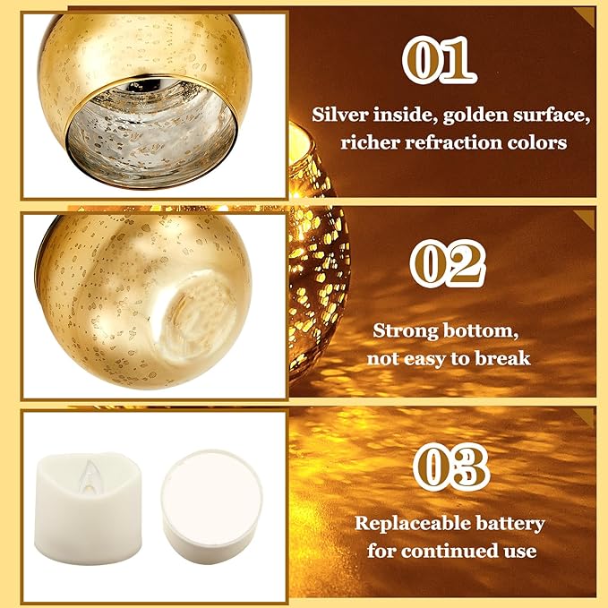 Rtteri 24 Set Votive Candle Holders Wedding Centerpiece Table Decorations Speckled Mercury Glass Votive Candle Holders with Tea Lights Birthday Party Decorations for Home (Gold)