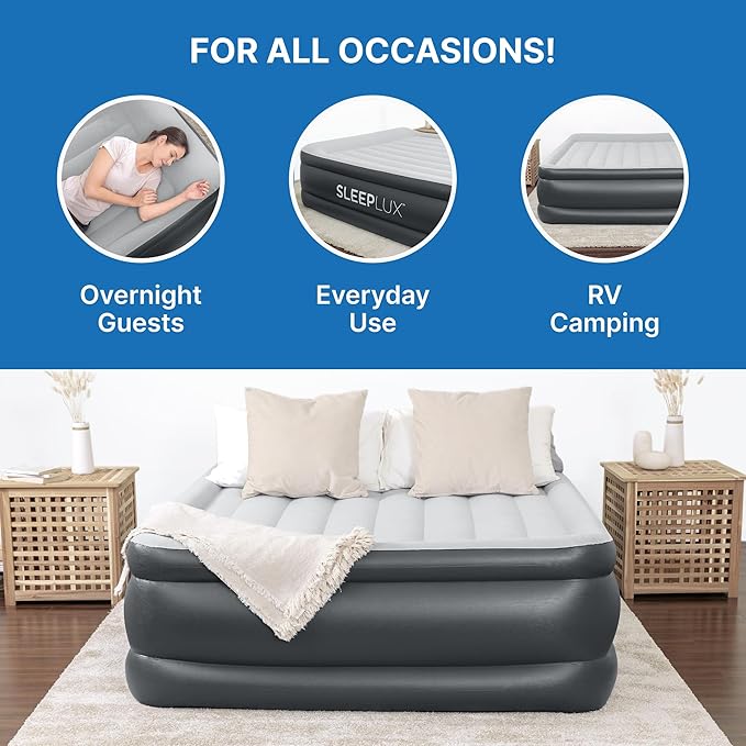 SLEEPLUX Durable Inflatable Air Mattress with Built-in Pump, Pillow and USB Charger, 22" Tall Queen