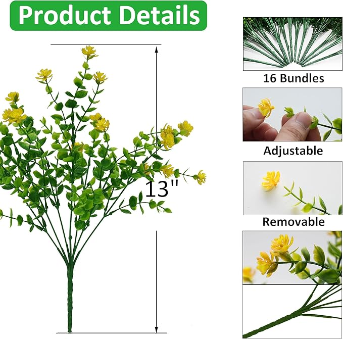 Artificial Fake Flowers Plants for Outdoor, 16 Bundles Faux Eucalyptus Flower UV Resistant Realistic for Planter Front Door Porch Patio Yellow