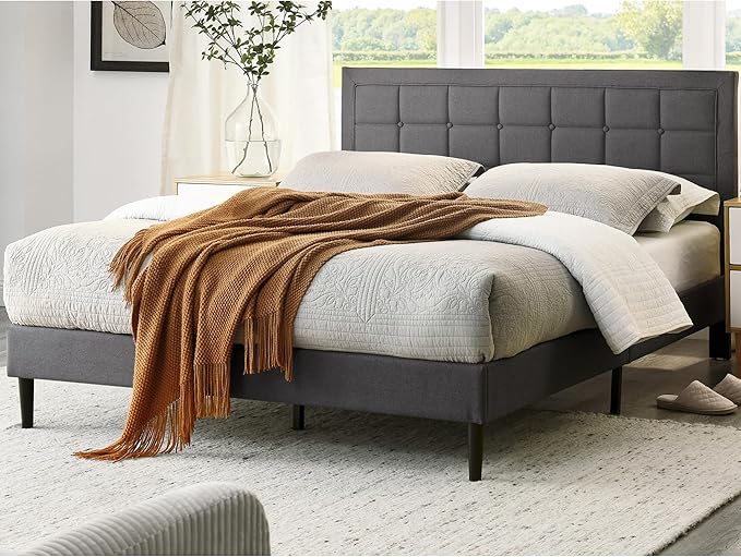 Decoro Mornington Upholstered 2.0 Platform Bed, Button-Tufted Fabric Headboard and Metal Frame with Wood Slat Support, Light Grey, King