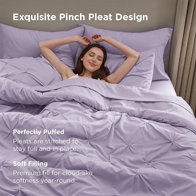 Bedsure King Size Comforter Set Light Purple - Bed in a Bag Bedding Set 7 Pieces, GentleSoft™ Pintuck Bed Set Gift for Family, Pinch Pleat Light Purple Comforter with Sheets, Pillowcases & Shams