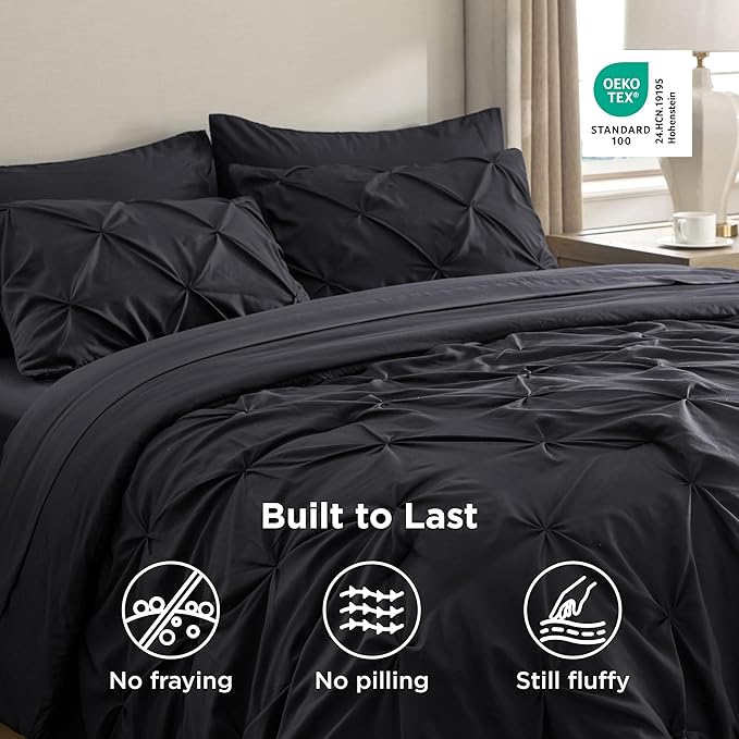 Bedsure Twin XL Comforter Set - Extra Long 5 Pieces Dorm Bedding Sets, GentleSoft™ Pinch Pleat Black Bed in a Bag with Pintuck Comforters, Sheets, Pillowcase & Sham