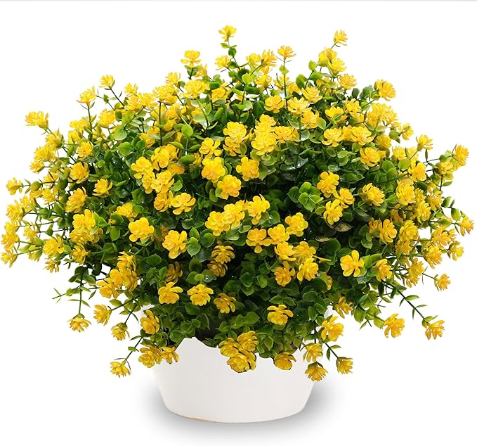 Artificial Fake Flowers Plants for Outdoor, 16 Bundles Faux Eucalyptus Flower UV Resistant Realistic for Planter Front Door Porch Patio Yellow