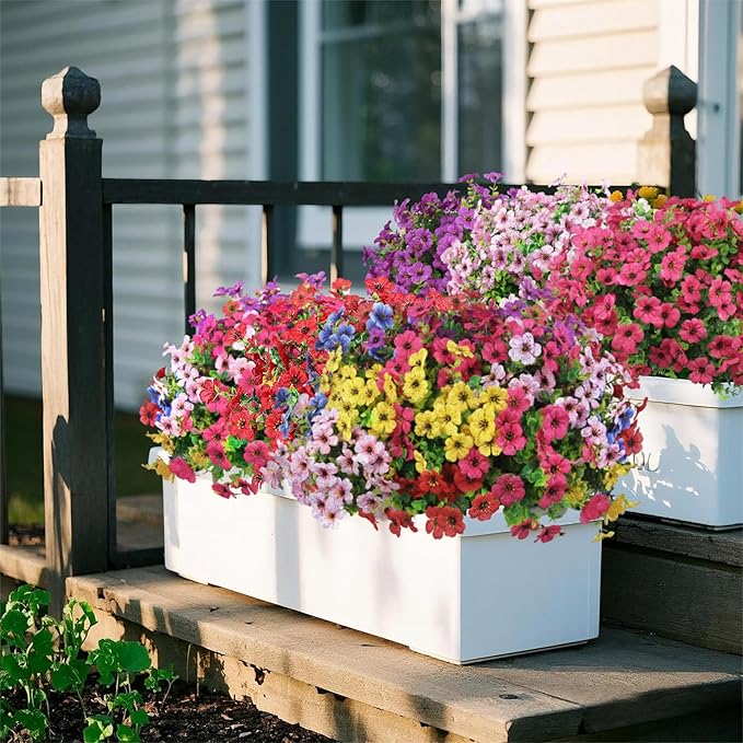 Ouddy Decor 24 Bundles Artificial Flowers for Outdoors Fake Silk Flowers UV Resistant Faux Plastic Plants for Spring Summer Garden Porch Window Box Table Vase Home Indoor Outdoor Decoration, Pink