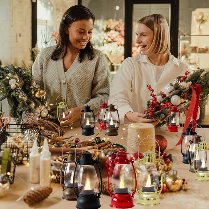 (12 Pcs-5.1in) Mini Lanterns for Vintage Western Christmas Decor, Lightweight Bronze Small LED Lanterns Decorative Indoor & Outdoor Hanging Ornaments for Weddings Party Halloween Decorations