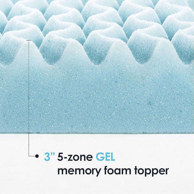 Mellow 3 Inch 5-Zone Memory Foam Mattress Topper, Cooling Gel Infusion, Dorm Essentials, King Blue